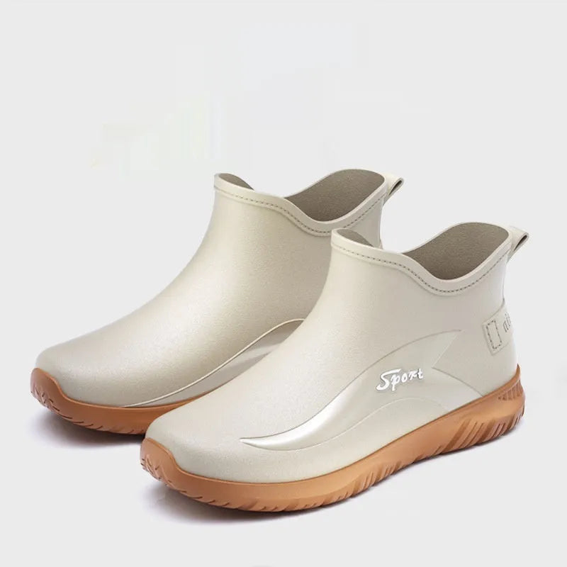 Men's non-slip flat heel PVC rubber short boots in solid colours with casual style