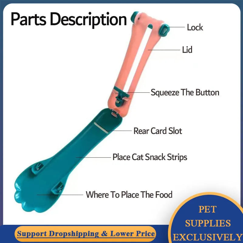 Green and pink pet feed spoon with squeeze mechanism for dispensing liquid food and treats