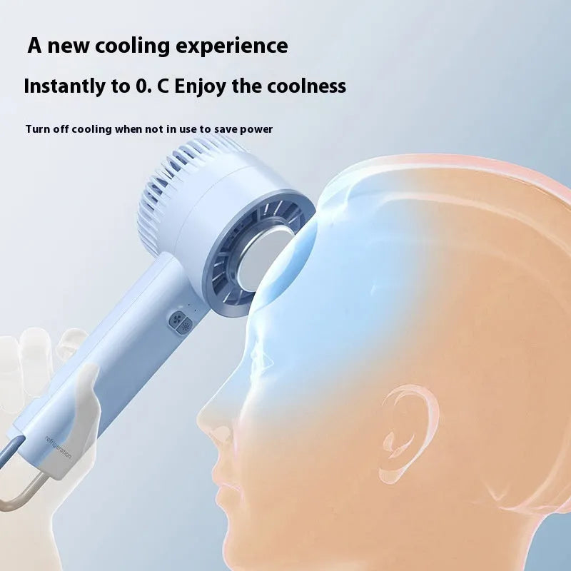 White handheld portable fan with turbo jet airflow and ice cooling function showing compact design