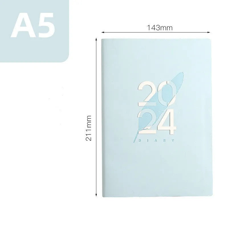 2024 English daily planner with imitation leather cover in blue, A5 size, open to a daily schedule page