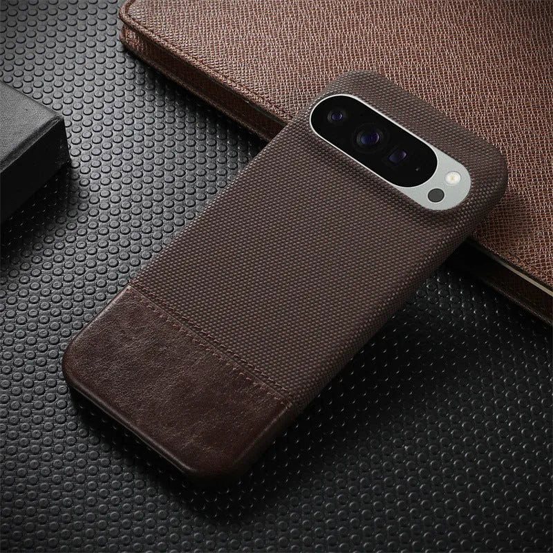 Lambskin anti-fall stitched phone case for Google Pixel 9 Pro XL, black colour, plaid pattern back cover