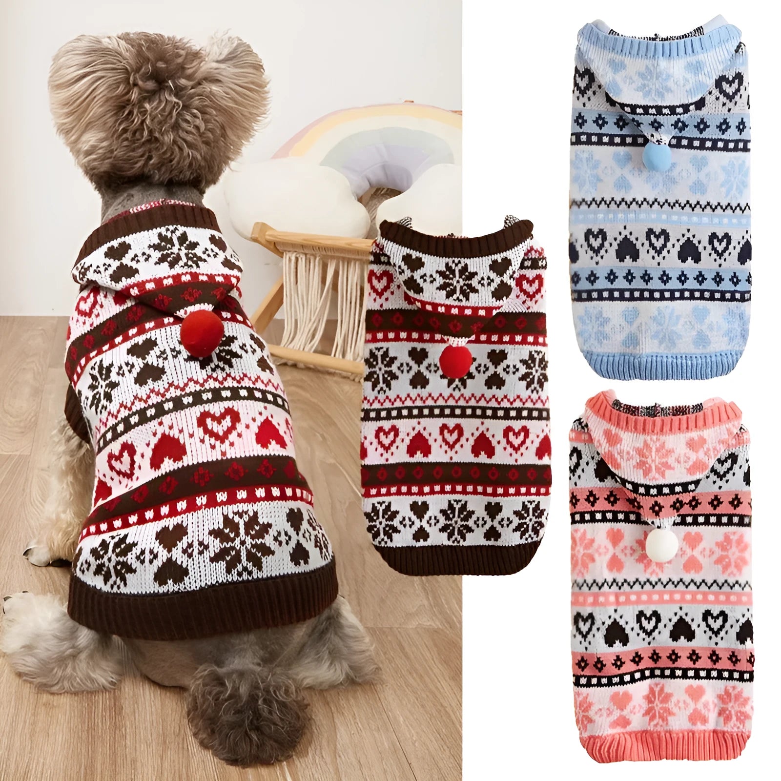 Acrylic knitted dog sweater with snowflake, love heart, and striped camouflage patterns in pink, blue, or grey colours