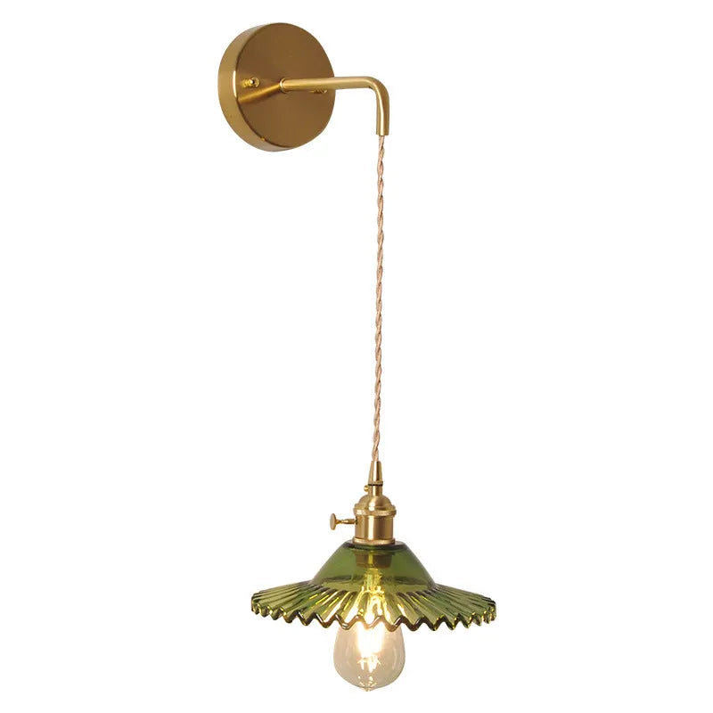 Retro brass lotus wall lamp with copper construction and glass shade in six colour options