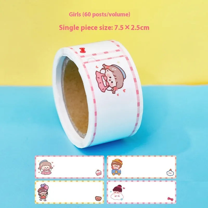 Roll of cartoon name stickers showing dinosaur, astronaut, rabbit, and girl designs.