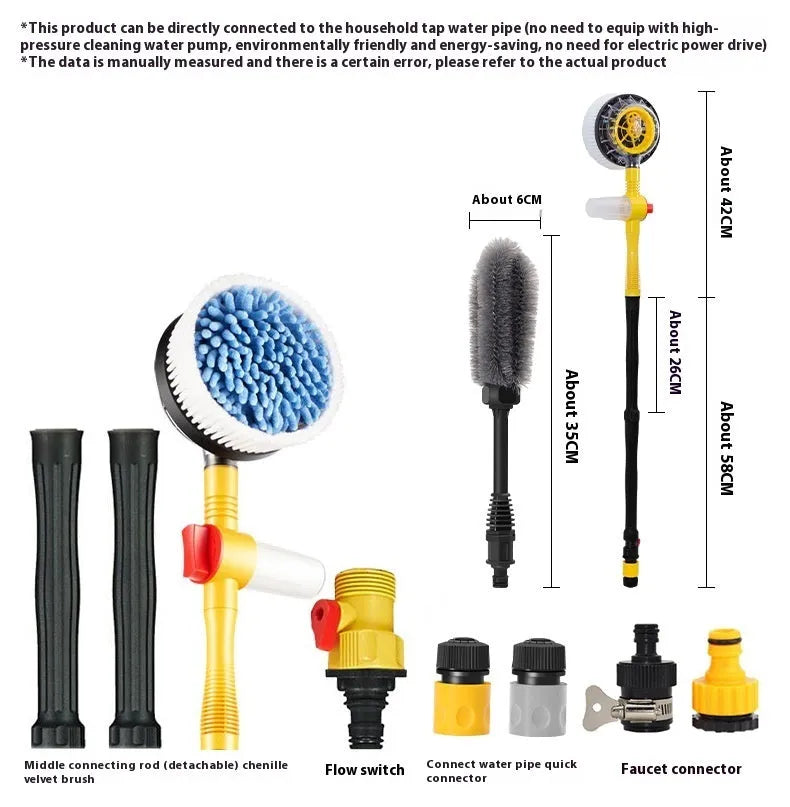 Yellow car wash mop cleaning tool with chenille brush head and hydraulic pressure system