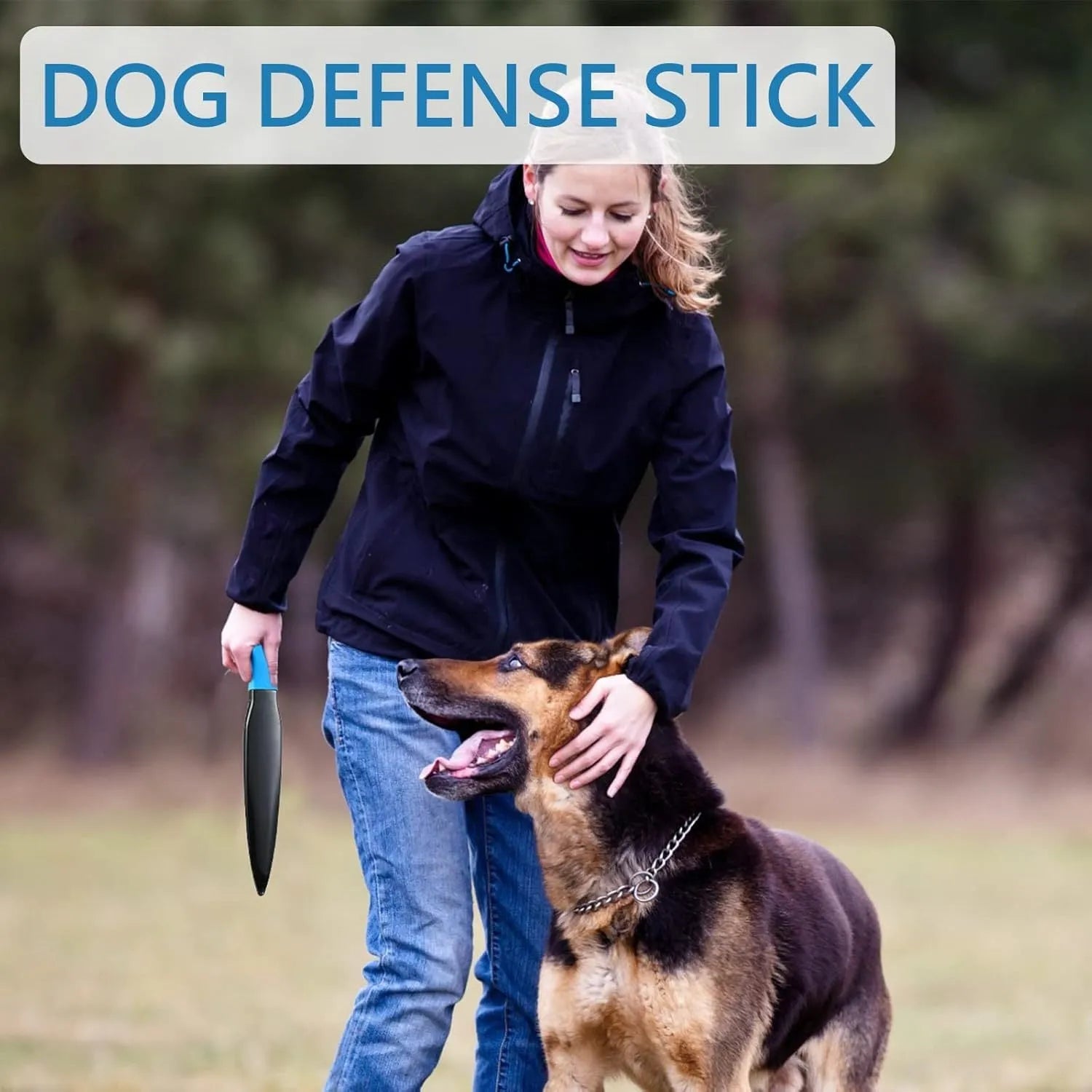 Blue handled nylon dog break stick measuring 35cm on a grass background.