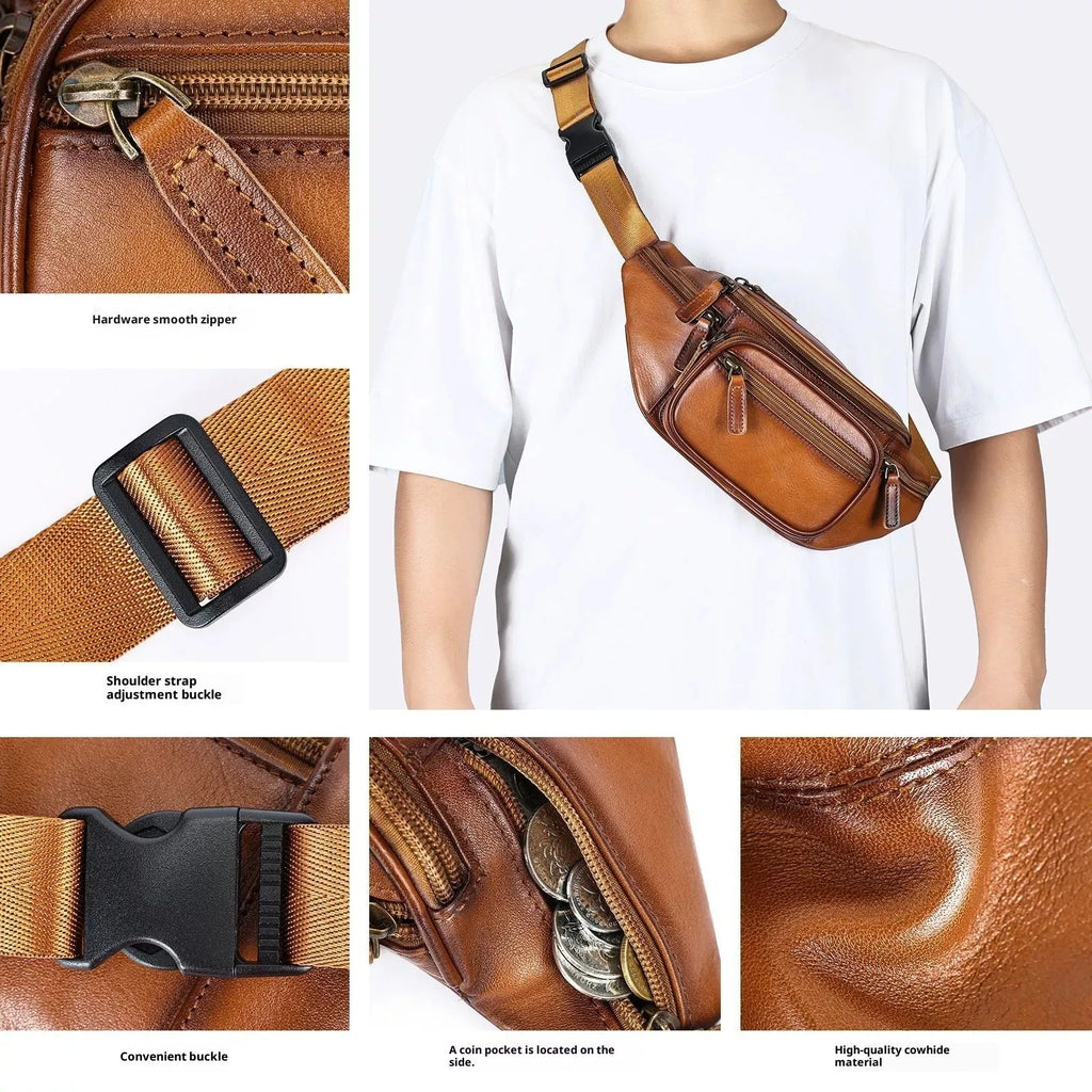 Genuine leather men's chest bag first layer cowhide Brown Coffee retro solid colour messenger bag