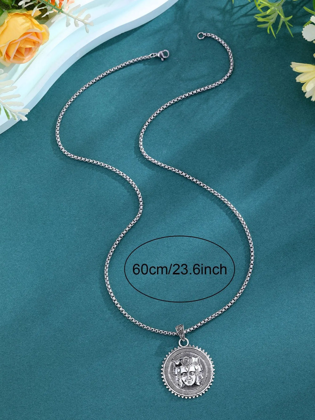 Silver head pendant sweater chain necklace for men, long casual necklace worn over a sweater