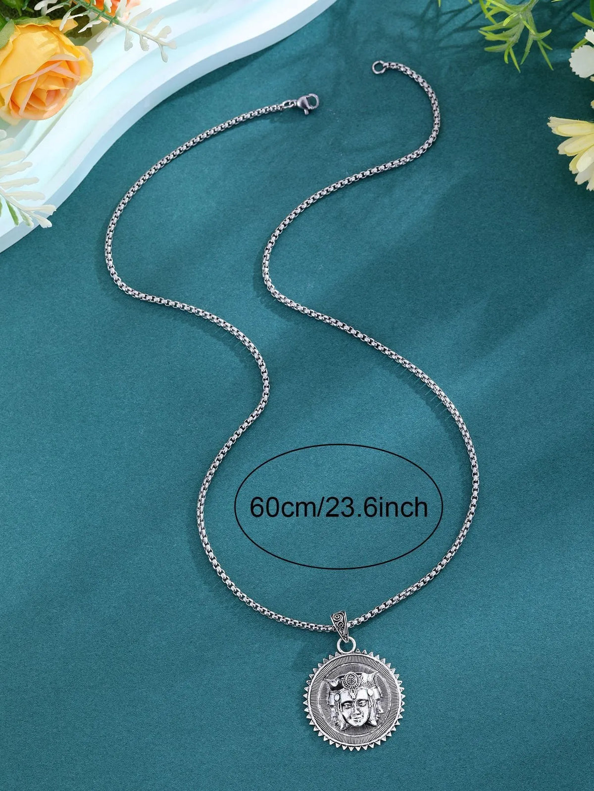 Silver head pendant sweater chain necklace for men, long casual necklace worn over a sweater