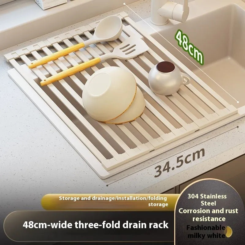 Foldable milky white stainless steel kitchen draining rack with tri-fold design