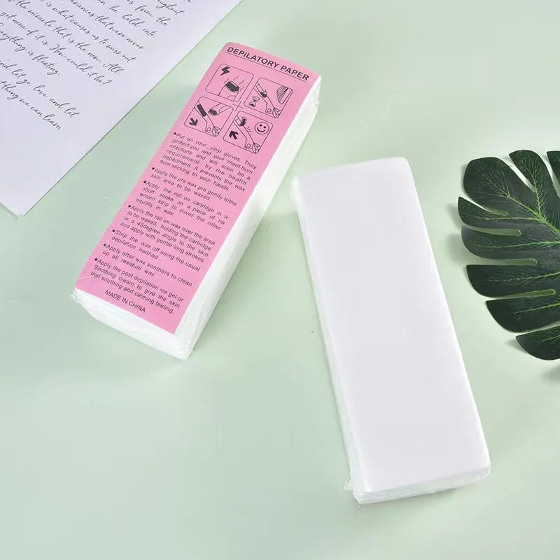 Non-woven fabric hair removal wax strips in 50 or 100 piece packaging