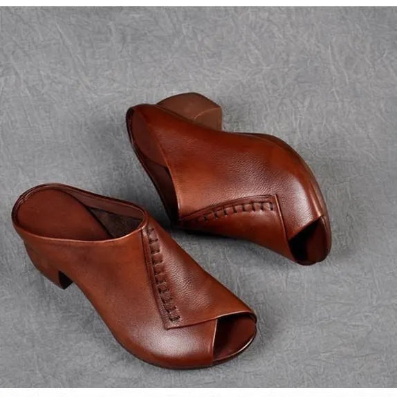 Women's black square heel peep-toe slitters with artificial PU upper and rubber sole