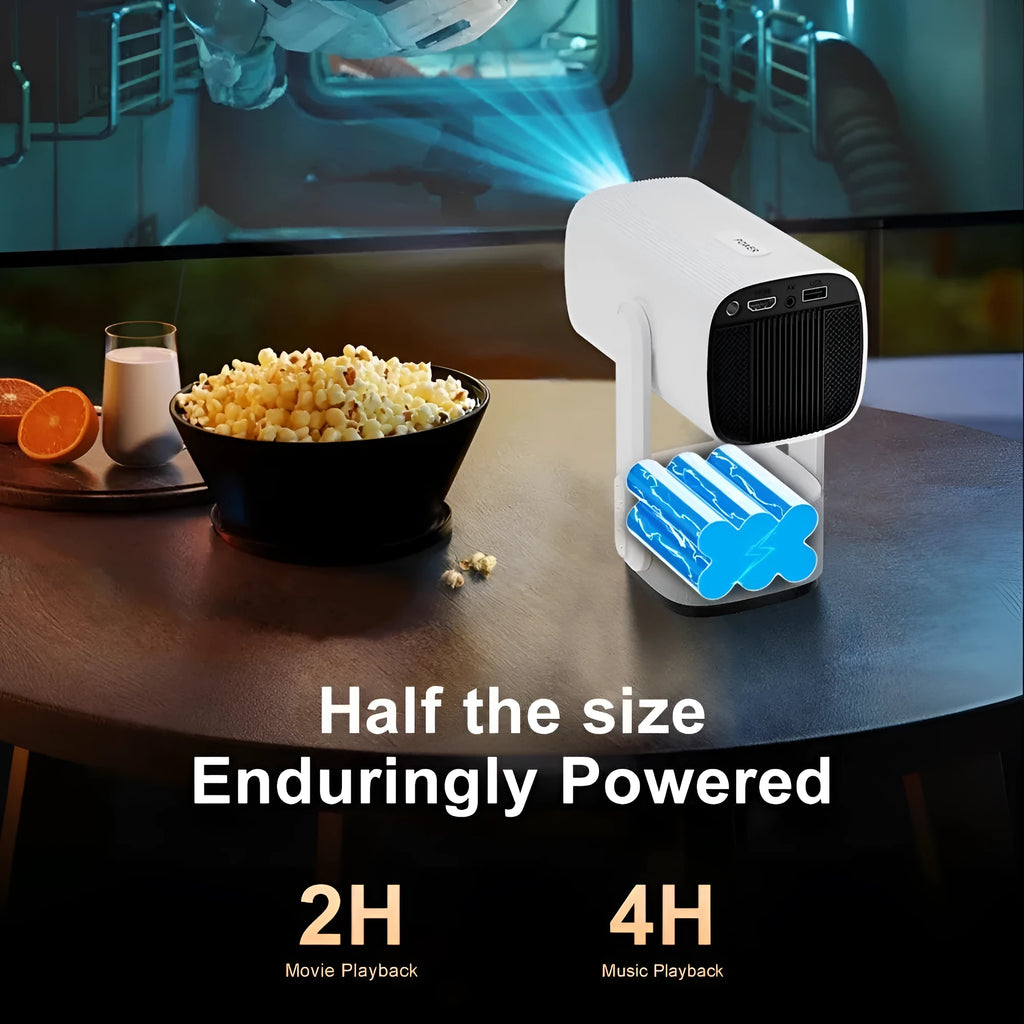 White portable 720p HD video projector with built-in battery, 230ANSI brightness, and remote control for home bedroom use