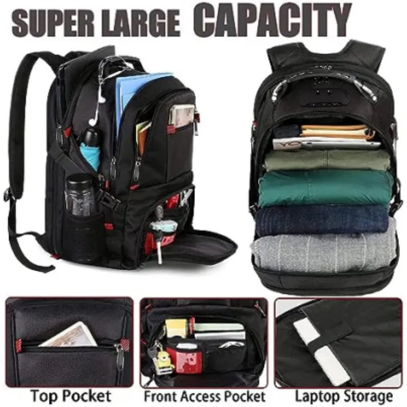Large black USB travel backpack with curved shoulder straps shown from the side.