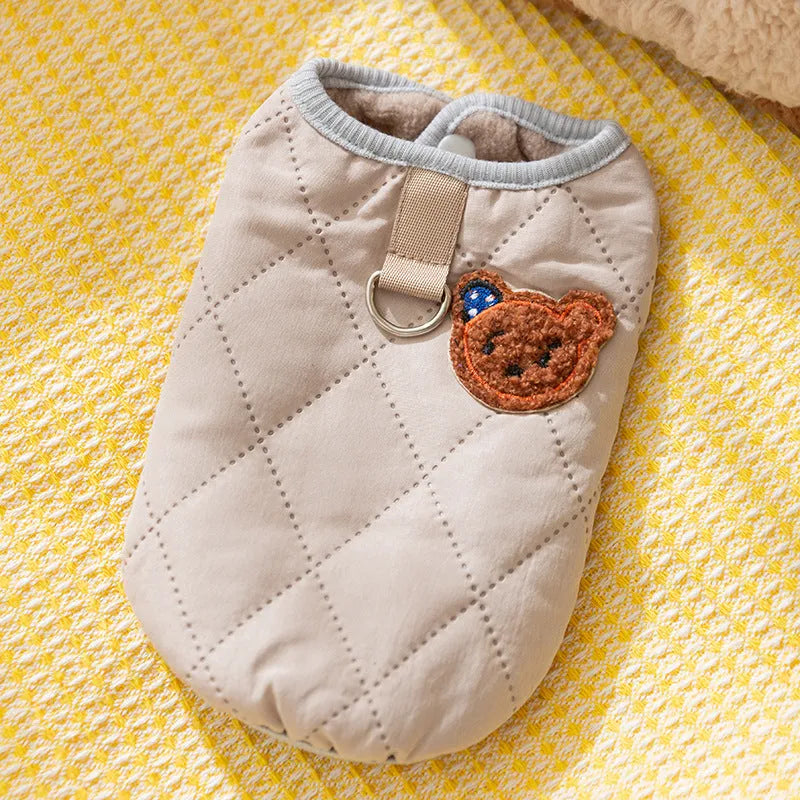 Quilted pet vest for small dogs with bear patch embroidery, cream and beige colours