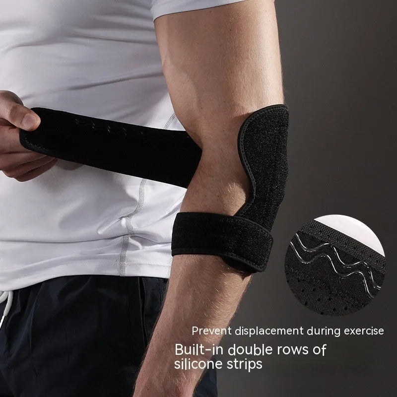 Adjustable black sports elbow guard shown on an arm, suitable for basketball and tennis.