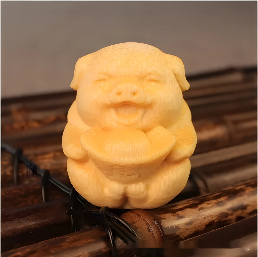 Handcrafted solid bamboo pig carving ornament with 4cm height and 3.5cm diameter dimensions