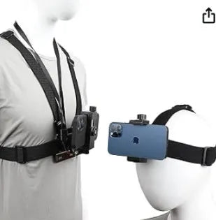 Black 9-in-1 PC chest strap and headband mounting kit for sports cameras and smartphones for hands-free first person recording