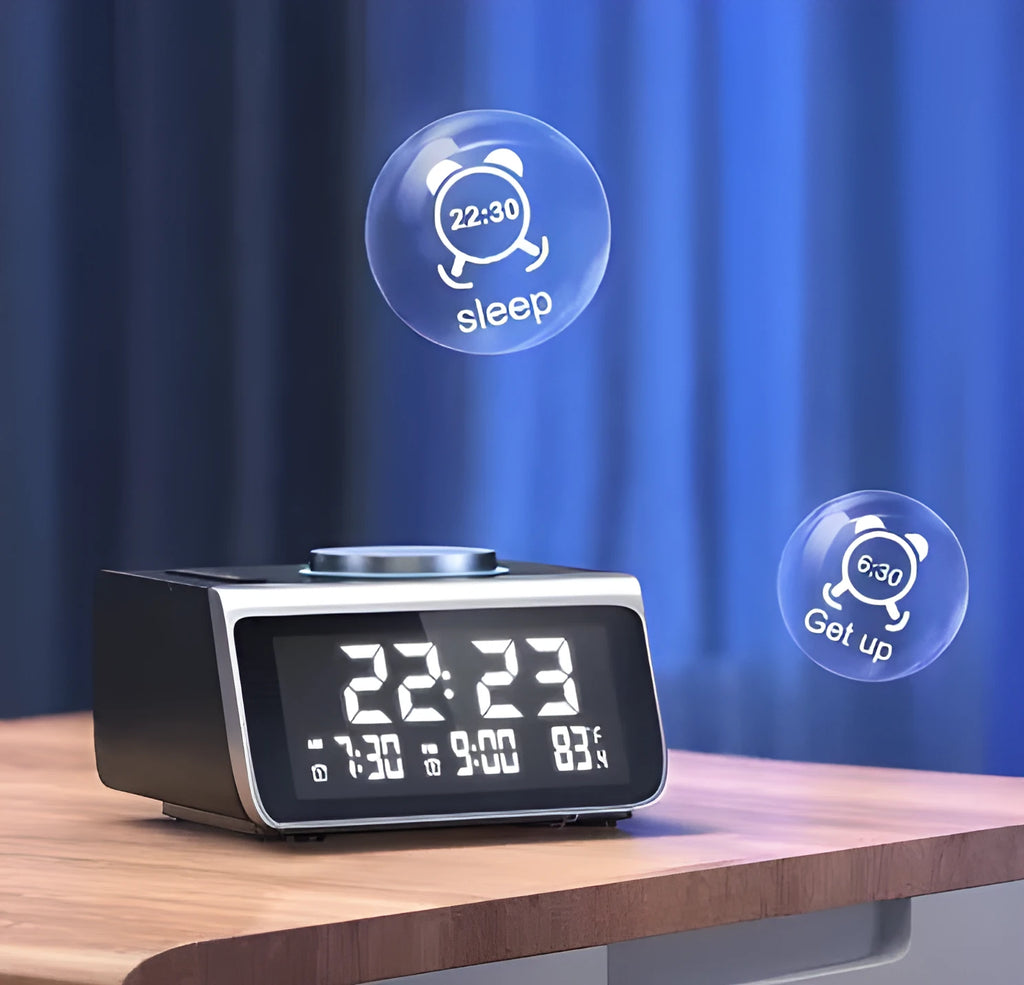 FM radio alarm clock with USB charging port, 3-inch digital display, ABS PC shell, colour box packaging