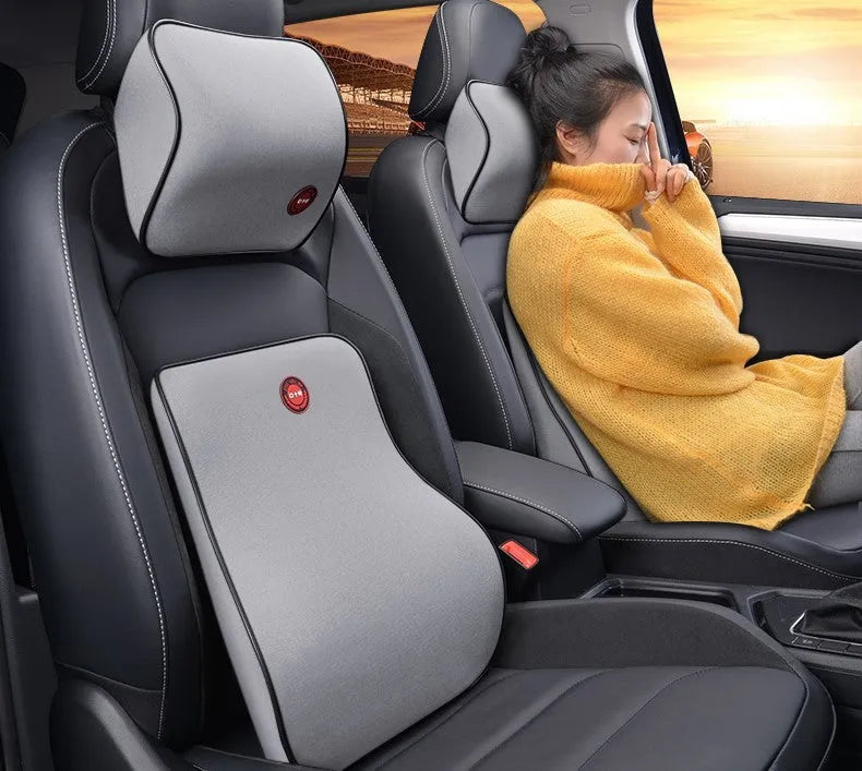 Car headrest and lumbar support pillow set in black, grey, coffee, or red, with polyester cover and bamboo charcoal memory foam filling, 0.9kg.