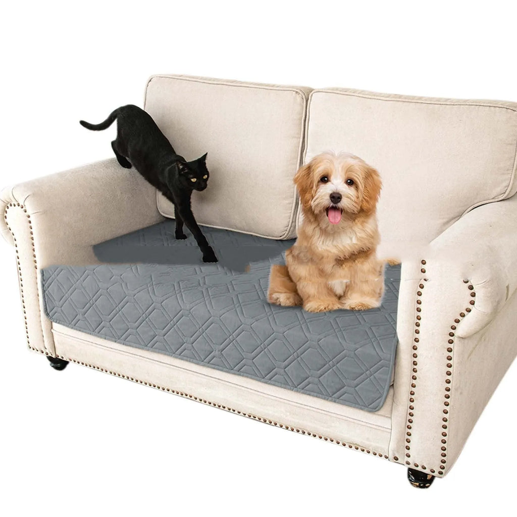 Reversible waterproof dog sofa cushion shown in dark grey and khaki beige colour options