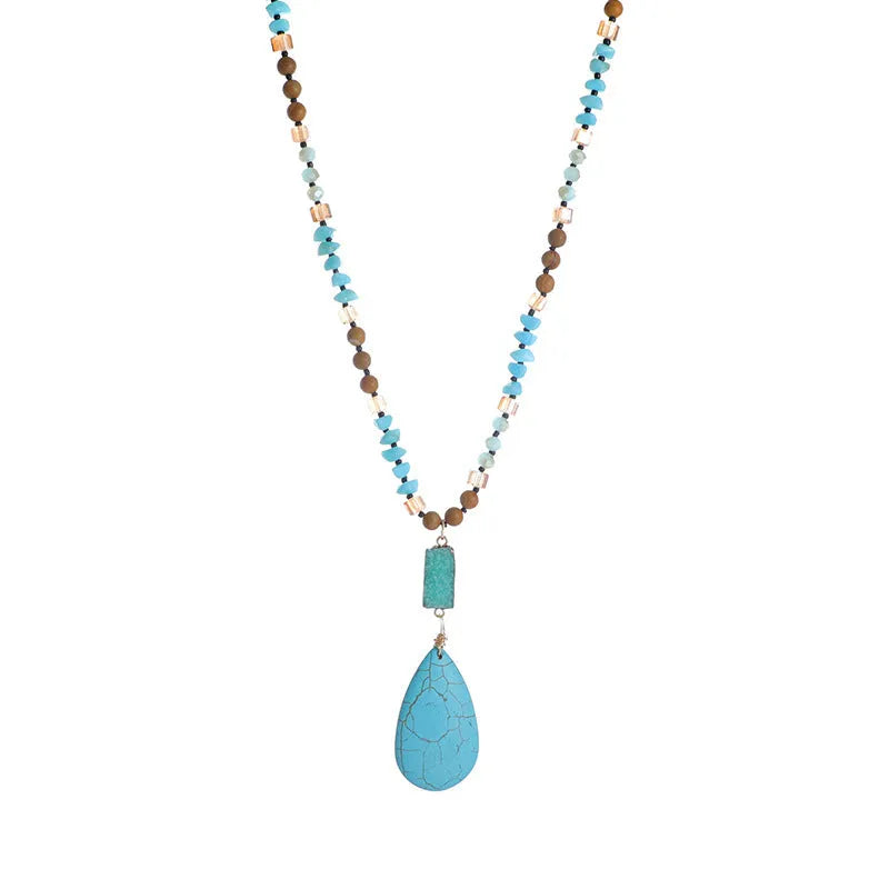 Turquoise blue imitation mineral pendant necklace with geometric design on adjustable ball bead chain