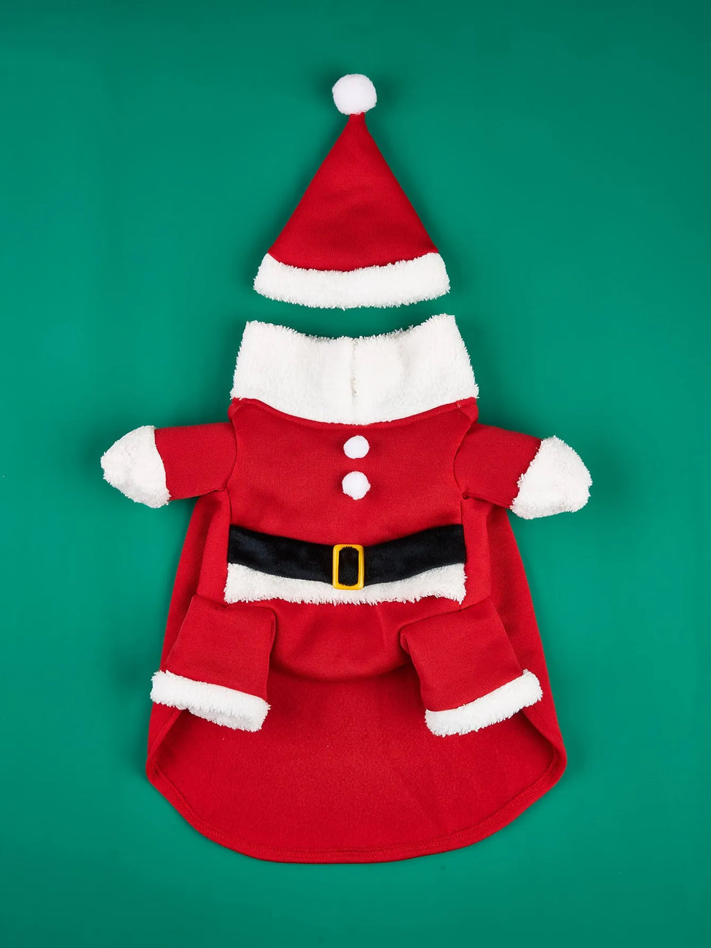 Red Christmas pet costume with cap for small dogs, polyester cartoon style, sizes XS to XL