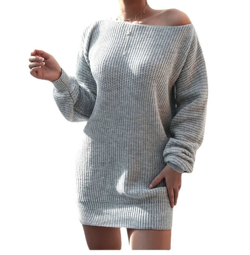 Women's off-the-shoulder knitted dress with full lantern sleeves in a solid colour.
