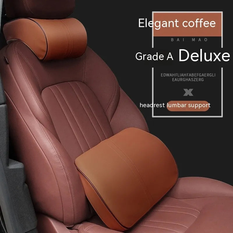 Memory foam car headrest and lumbar support pillow in leather with cotton filler
