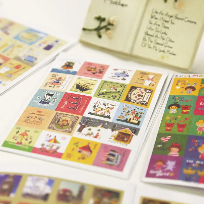 Hand painted stamp stickers 80 pieces with Paris London Italy printed designs for journal decoration