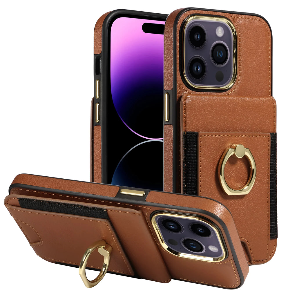 Black imitation leather phone case with card slot, bracket, and magnetic back for iPhone