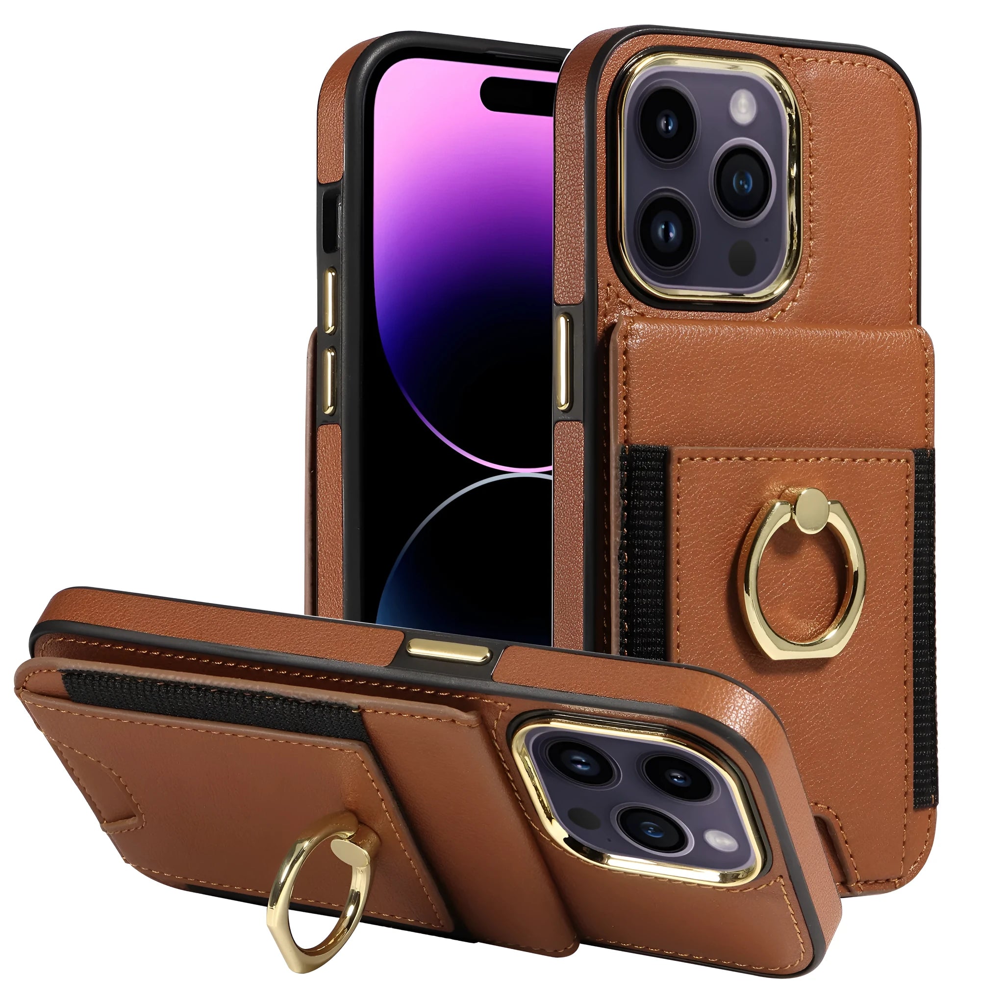 Black imitation leather phone case with card slot, bracket, and magnetic back for iPhone