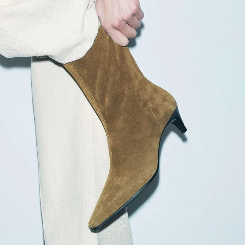 Brown square toe kitten heel boots with side zipper and low tube design