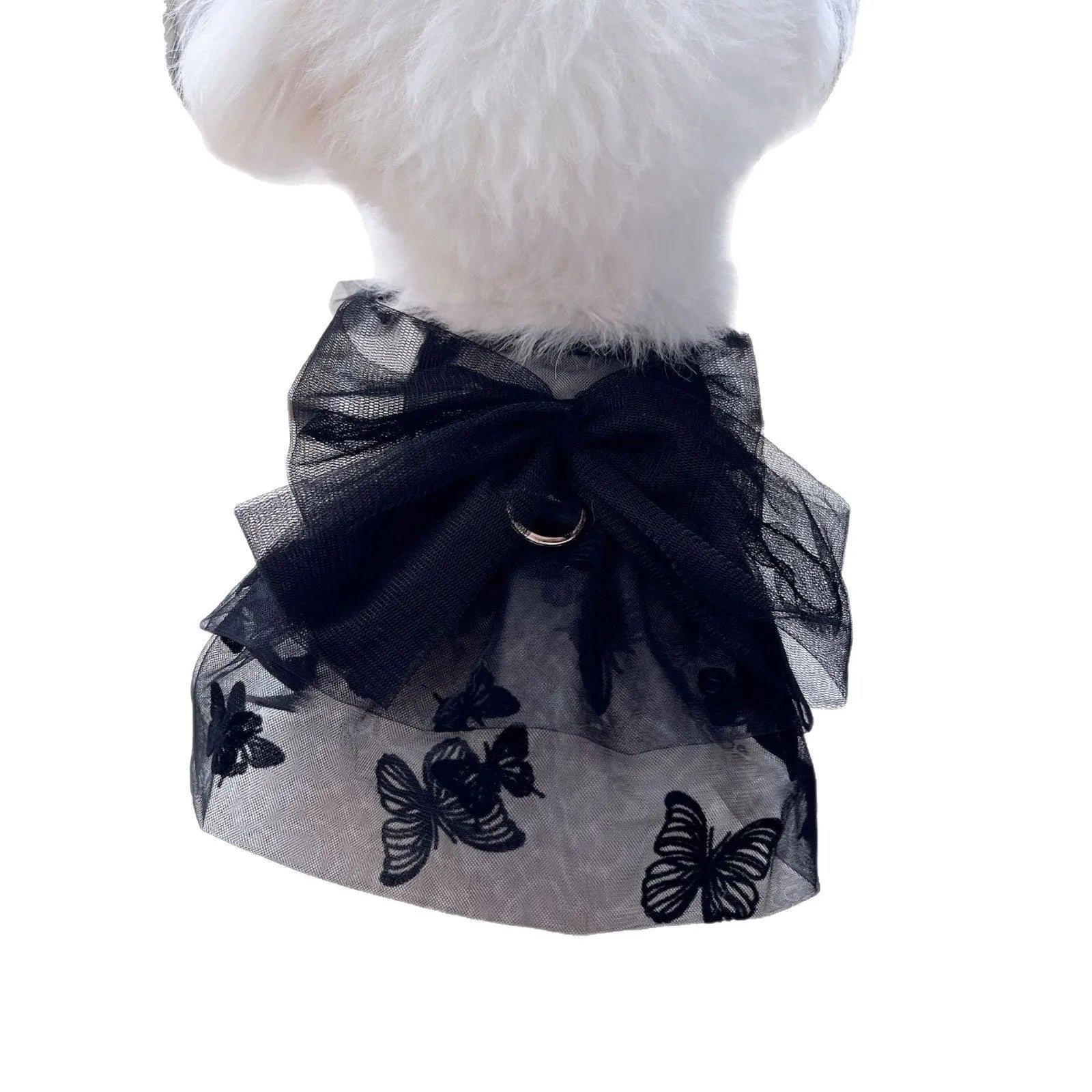 Black gauze tulle skirt pet costume for small to medium dogs and cats on a mannequin.