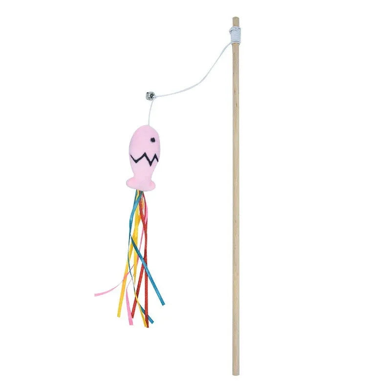 Cat wand toy with wooden handle, colourful ribbons, catnip fish, and bell for interactive play