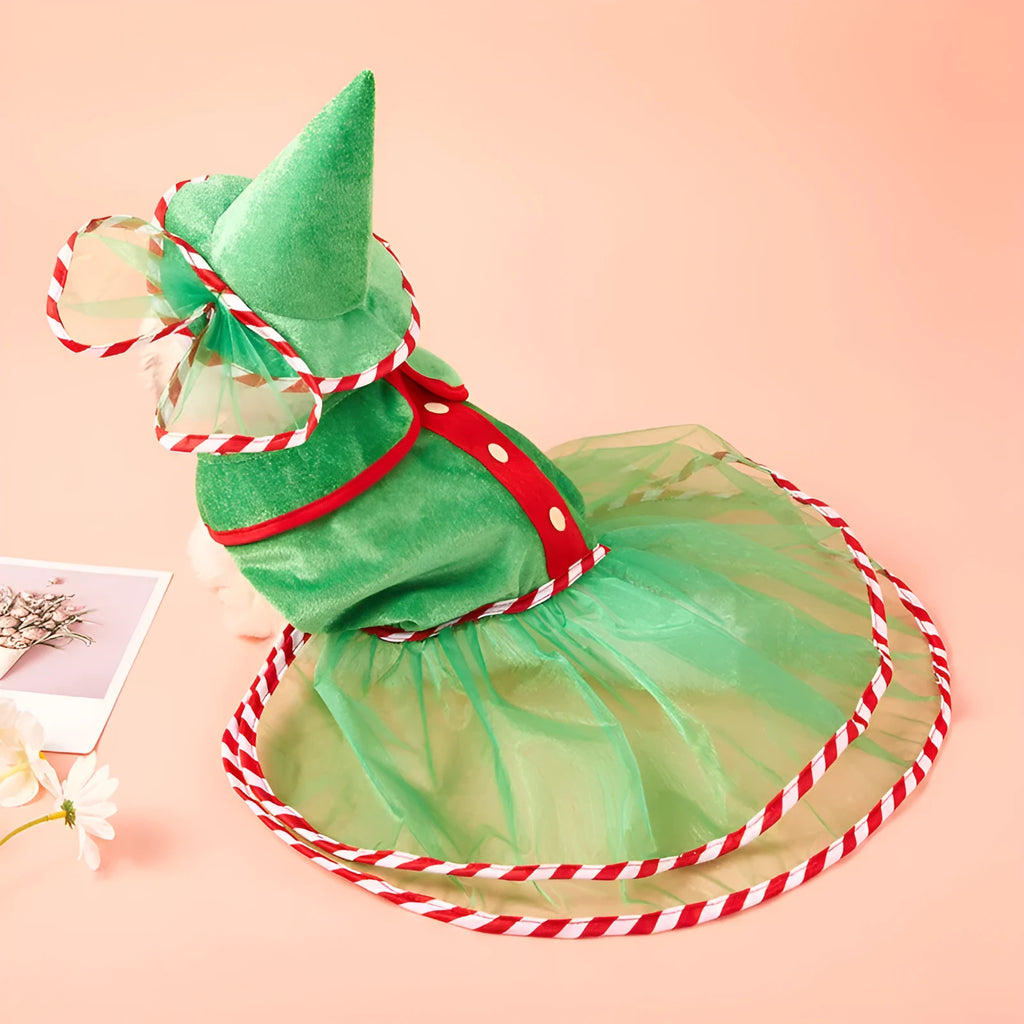 Pet green gauze skirt hat suit on a dog, flannel knitted fabric Christmas outfit