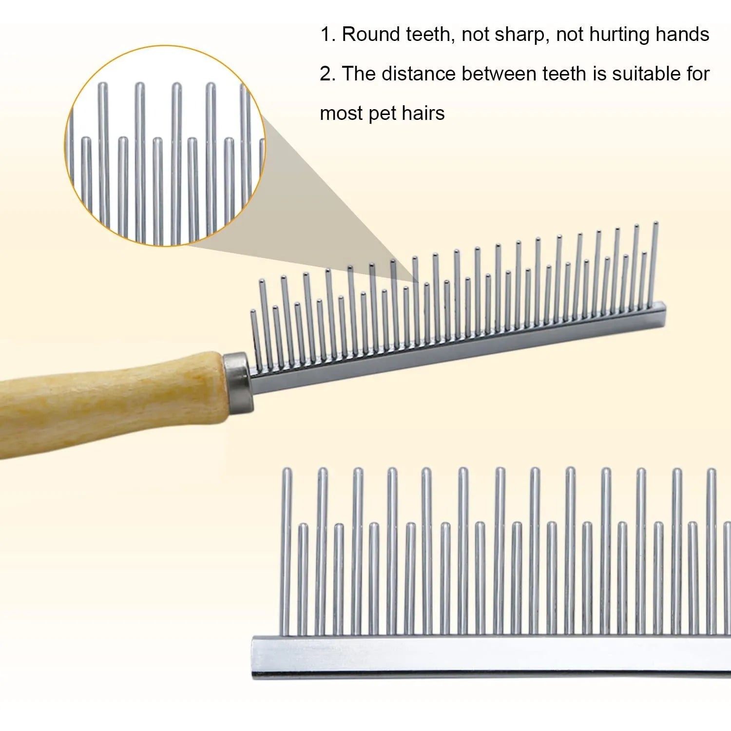 Wooden handle pet grooming comb for dogs and cats with round polished comb needles