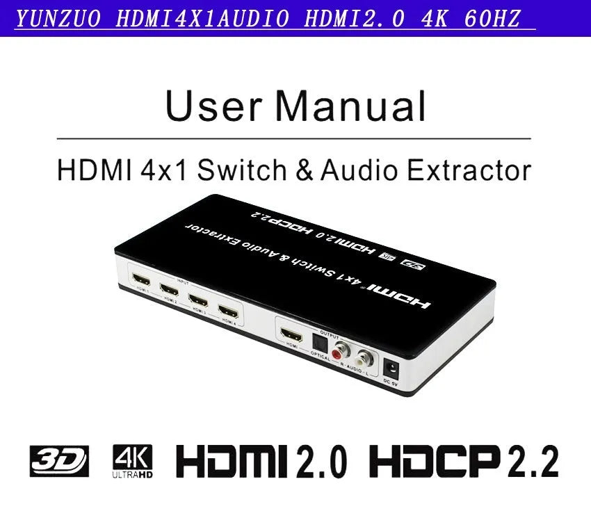 Black HDMI switch with remote control and connection cables for 4-in-1 video switching