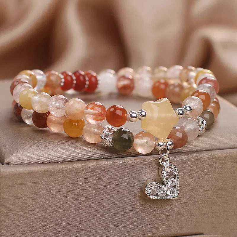 Natural crystal double ring bracelet with red hair crystal design for women