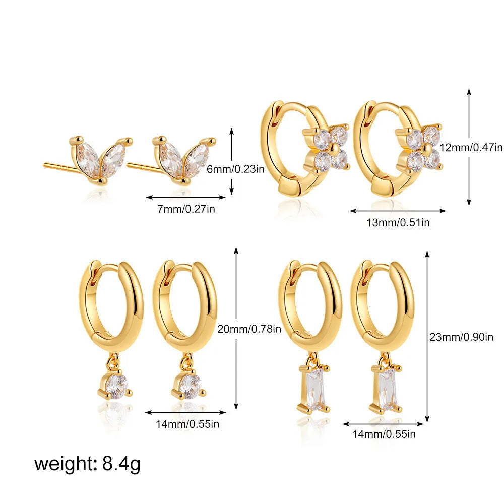 Geometric square earrings set with zircon details in gold or silver electroplated finish
