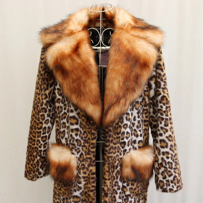 Women's leopard print artificial fur jacket with regular sleeves and 80cm length