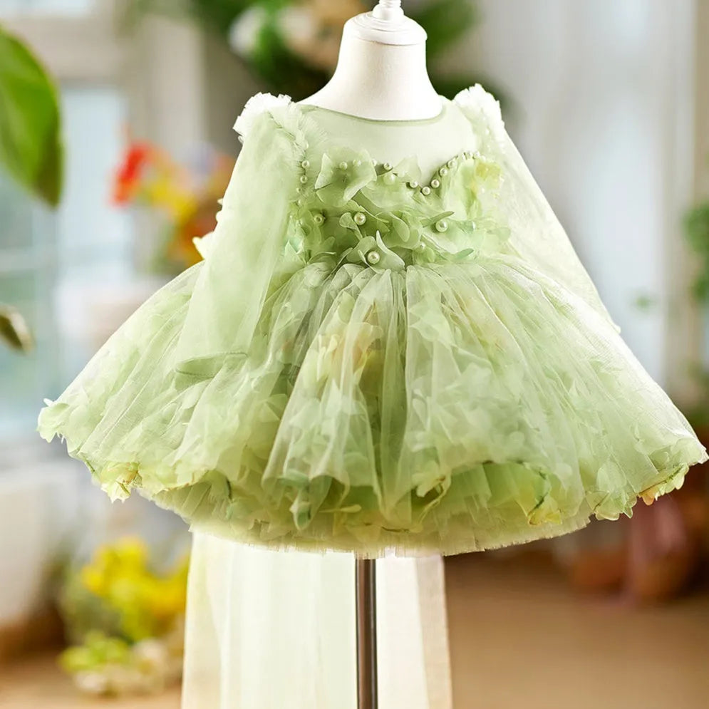 Green Mori style girl's peanut day princess dress with chemical fibre blend fabric and lining