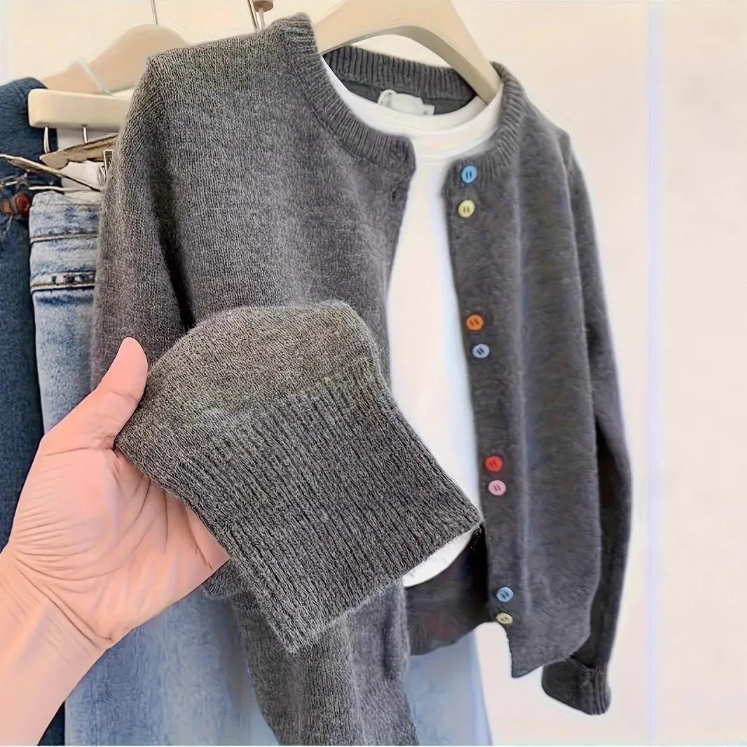 Dark grey women's polyester cardigan with button front and long sleeves.