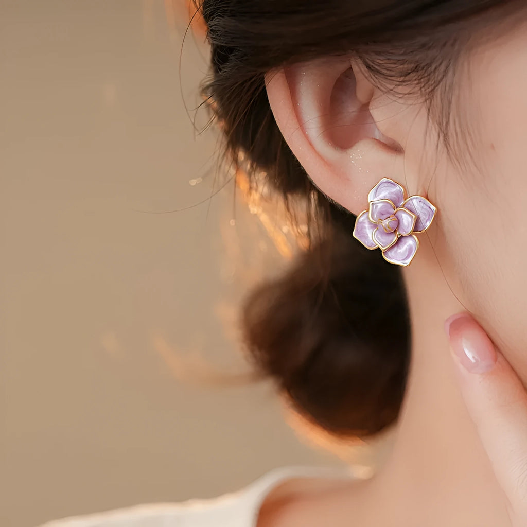 Purple oil-spot glaze flower stud earrings with gold plated silver needle on copper
