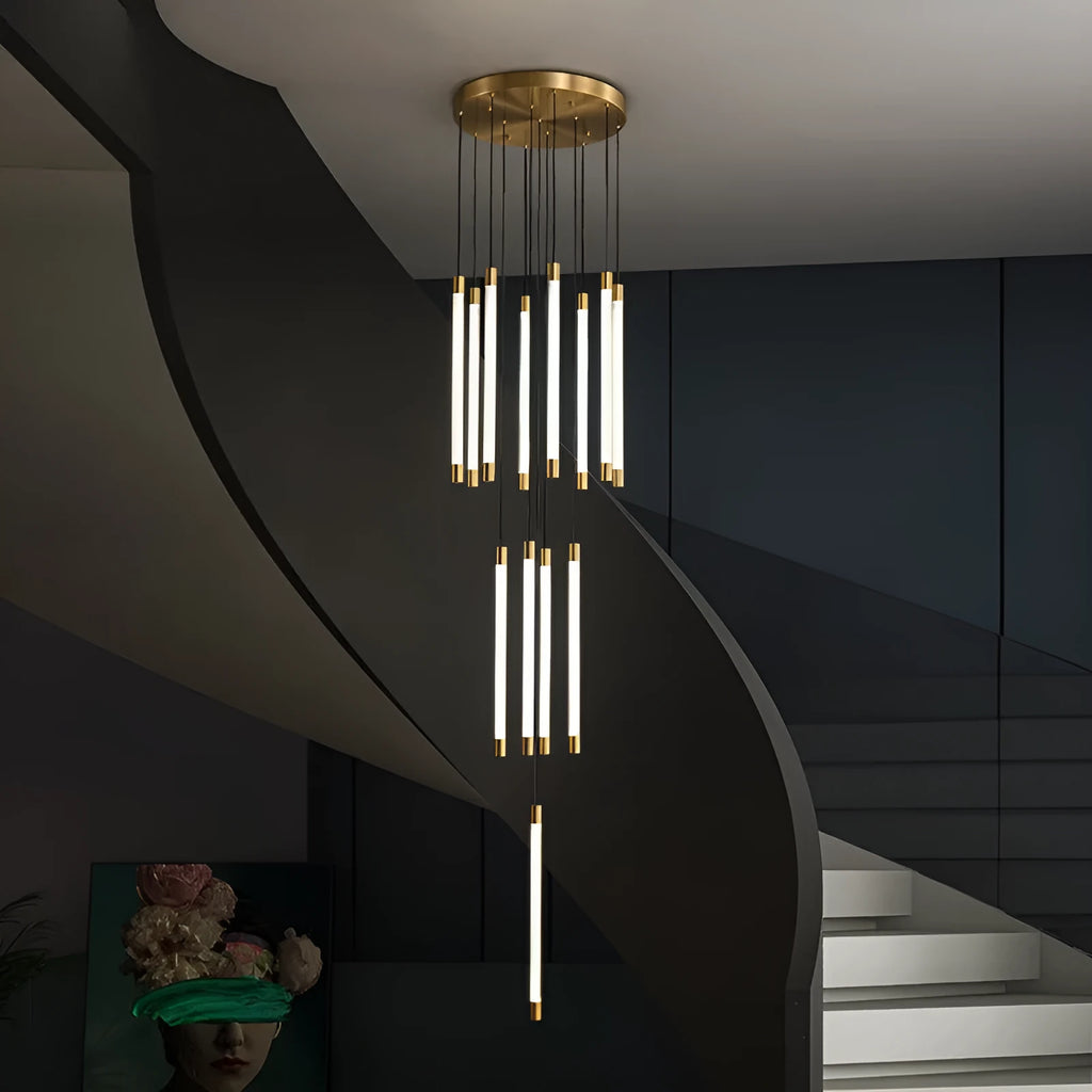 All copper duplex staircase long chandelier with LED light, 800mm diameter, single head, hanging in a tall room