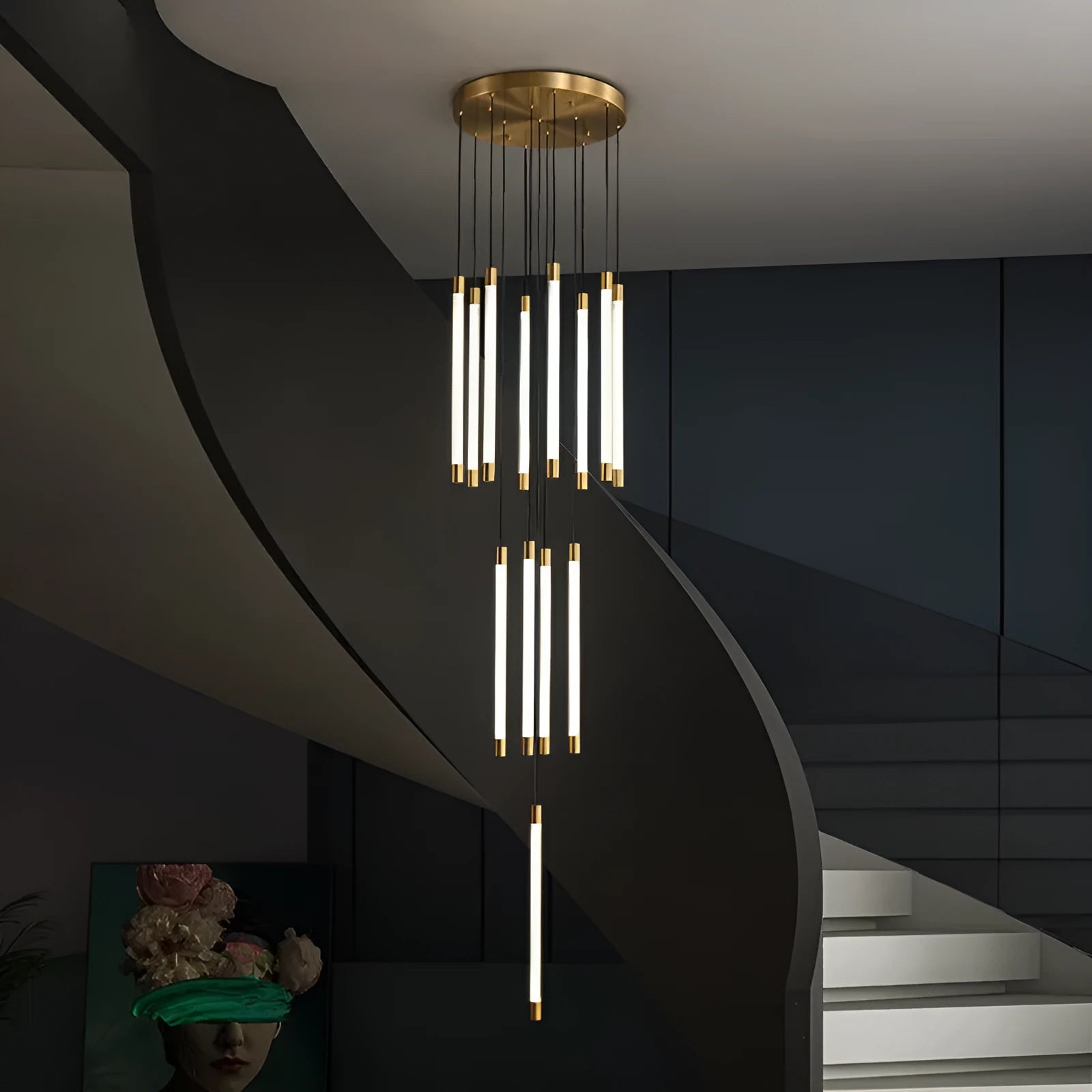All copper duplex staircase long chandelier with LED light, 800mm diameter, single head, hanging in a tall room