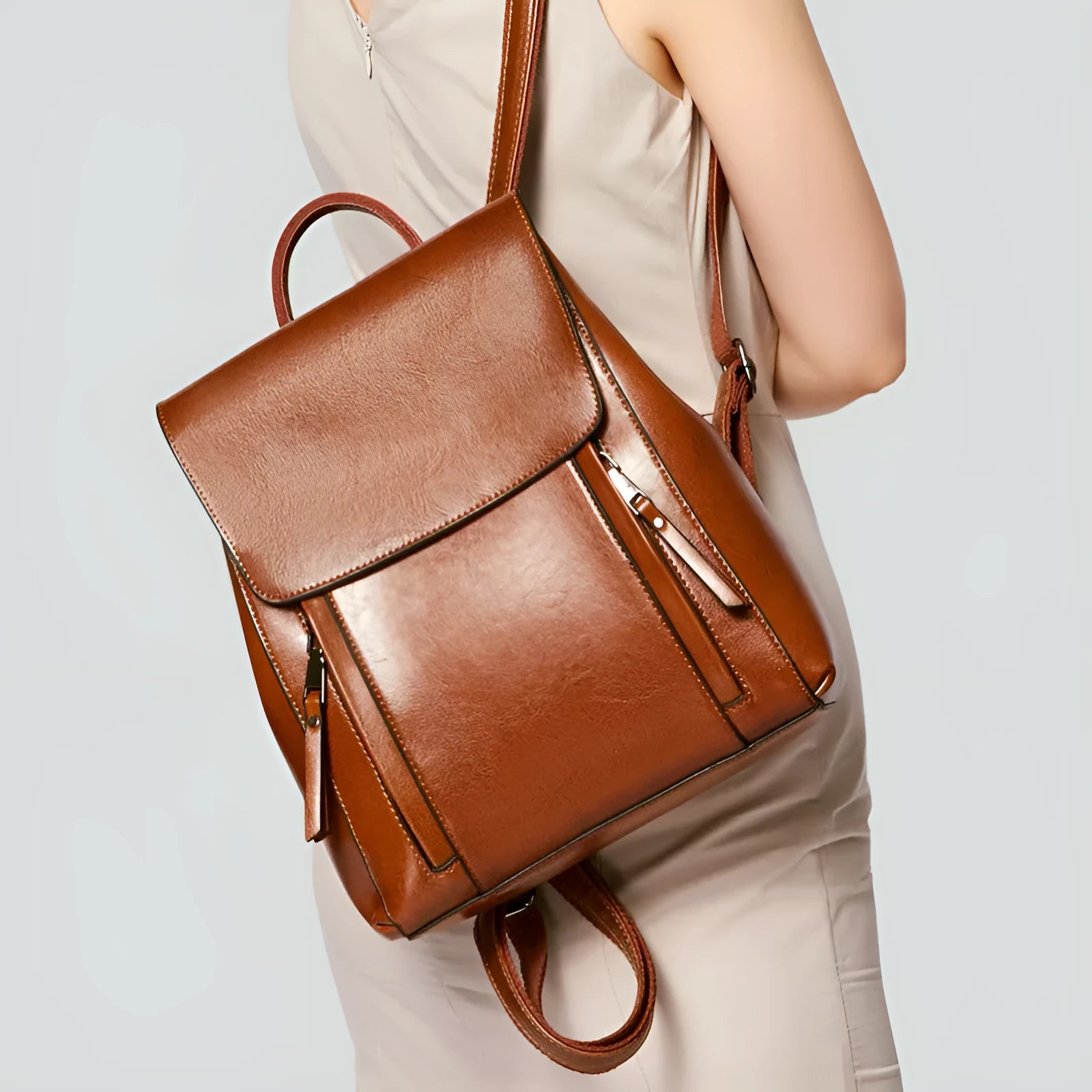 Genuine leather women's backpack in square vertical design with stitching detail