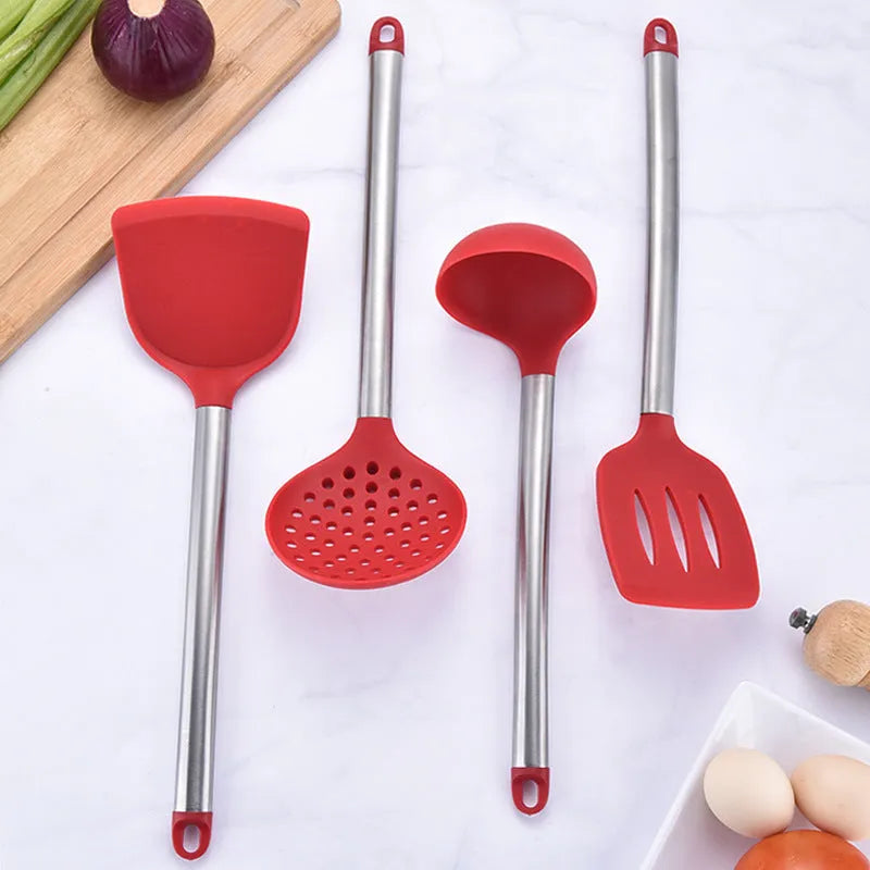 Silicone kitchenware set with stainless steel tube handle, eight utensils in red or black for cooking and baking