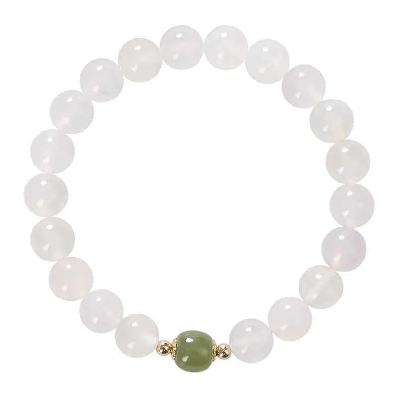 Handmade natural white agate hetian jade crystal bracelet with cinnabar inlaid detailing in ins style