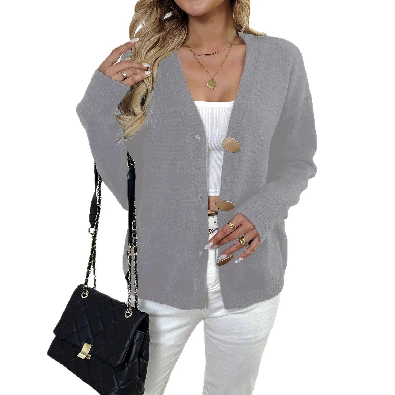 A grey deer plush women's long sleeve sweater coat with princess sleeves, shown in a street hipster style.